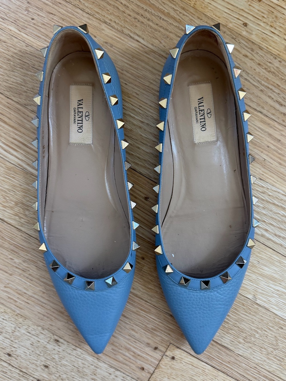 Valentino Garavani Blue Leather Rockstud Pointed Flats Size 38